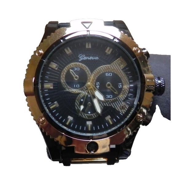 Geneva Chronograph Mens Quartz Watch‎ Black and Gold Silicone Band NEW - Picture 1 of 4